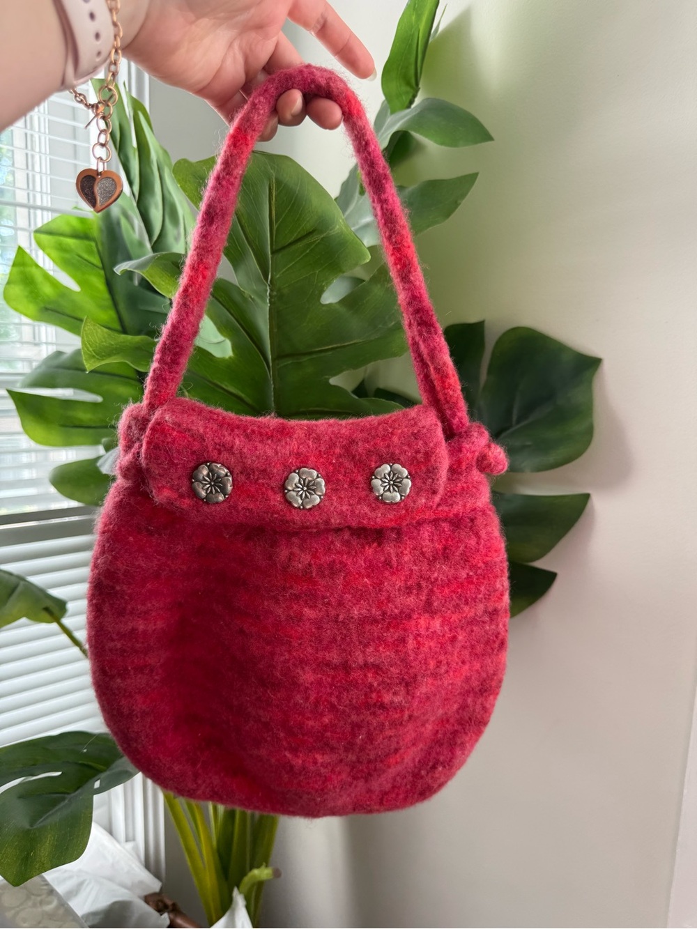 Handcrafted Pink Wool Felt Shoulder Bag with Decorative Metal Buttons